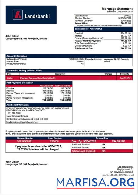 Printable Iceland Landsbankinn mortgage statement Word and PDF template